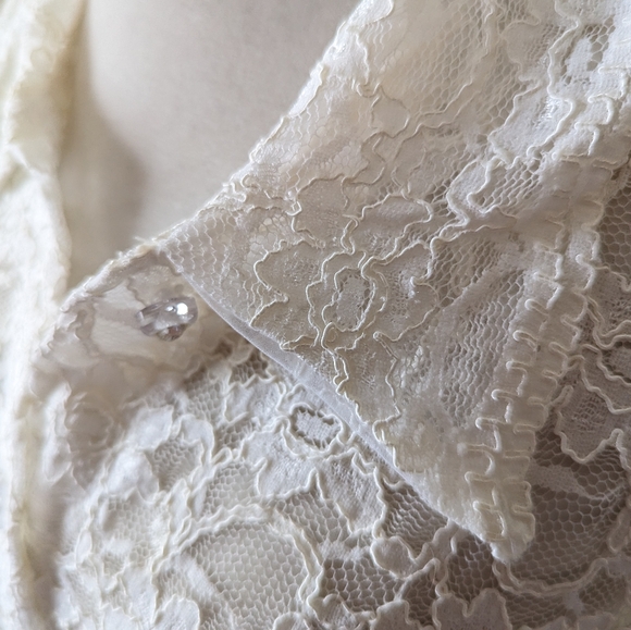 Vintage R&M Richards All Lace Top 14W Ivory Off White Gem Jewel Buttons Sheer 1X - Picture 3 of 6